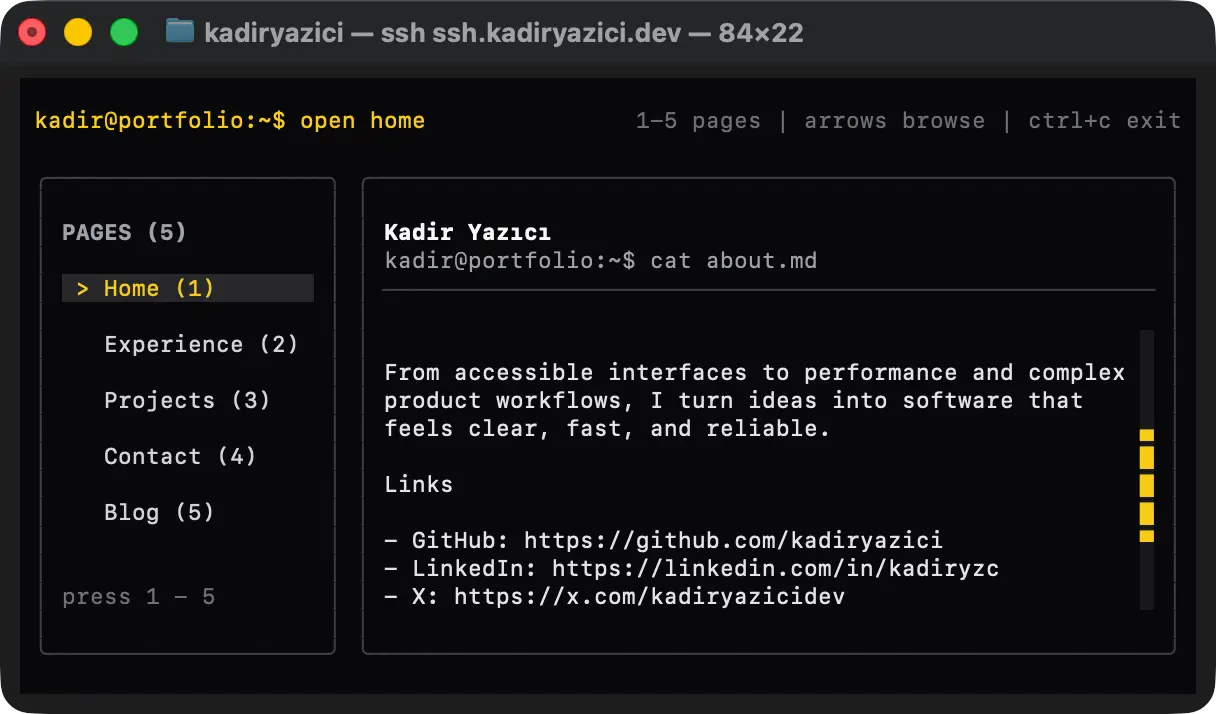 Terminal interface for Kadir Yazıcı's SSH portfolio